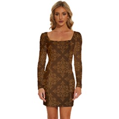 Brown Floral Pattern Floral Vintage Pattern, Brown Vintage Long Sleeve Square Neck Bodycon Velvet Dress by nateshop