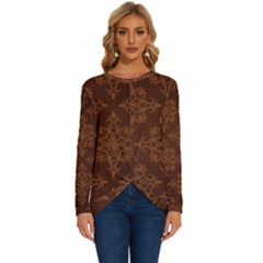 Brown Floral Pattern Floral Vintage Pattern, Brown Vintage Long Sleeve Crew Neck Pullover Top