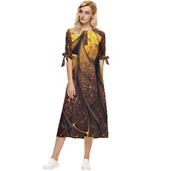 Gold, Golden Background Bow Sleeve Chiffon Midi Dress by nateshop