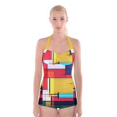 Multicolored Retro Abstraction, Lines Retro Background, Multicolored Mosaic Boyleg Halter Swimsuit  by nateshop