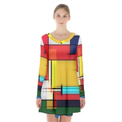 Multicolored Retro Abstraction, Lines Retro Background, Multicolored Mosaic Long Sleeve Velvet V-neck Dress by nateshop