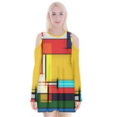 Multicolored Retro Abstraction, Lines Retro Background, Multicolored Mosaic Velvet Long Sleeve Shoulder Cutout Dress by nateshop