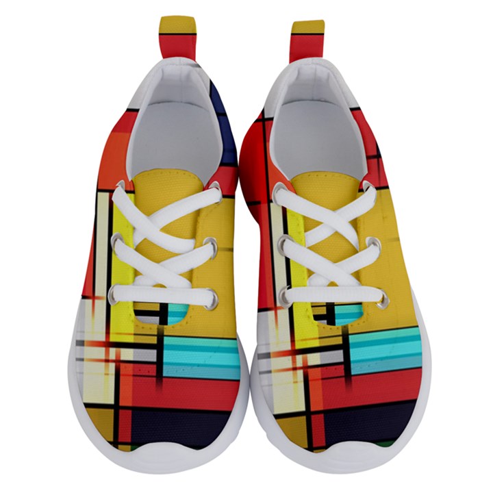 Multicolored Retro Abstraction, Lines Retro Background, Multicolored Mosaic Running Shoes