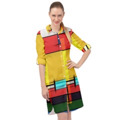 Multicolored Retro Abstraction, Lines Retro Background, Multicolored Mosaic Long Sleeve Mini Shirt Dress