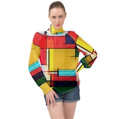 Multicolored Retro Abstraction%2 High Neck Long Sleeve Chiffon Top