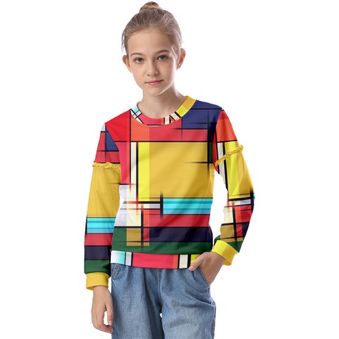 Multicolored Retro Abstraction%2 Kids  Long Sleeve T-shirt With Frill  by nateshop