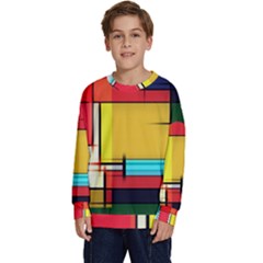 Multicolored Retro Abstraction, Lines Retro Background, Multicolored Mosaic Kids  Crewneck Sweatshirt