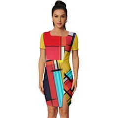 Multicolored Retro Abstraction, Lines Retro Background, Multicolored Mosaic Fitted Knot Split End Bodycon Dress by nateshop