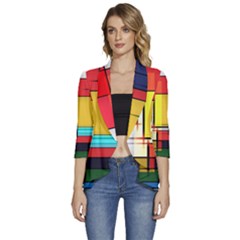 Multicolored Retro Abstraction, Lines Retro Background, Multicolored Mosaic Women s 3/4 Sleeve Ruffle Edge Open Front Jacket