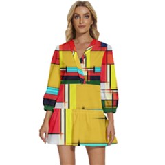 Multicolored Retro Abstraction, Lines Retro Background, Multicolored Mosaic V-neck Placket Mini Dress by nateshop