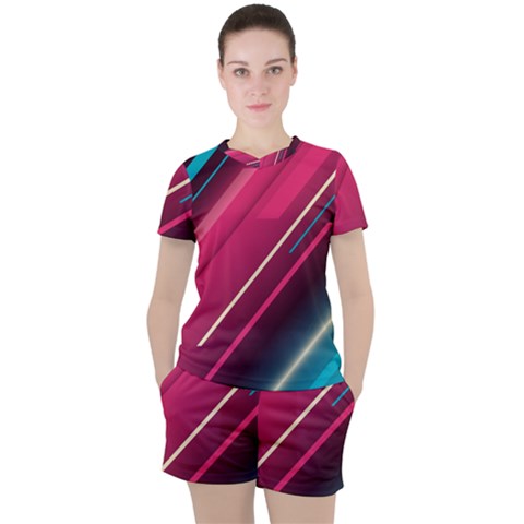 Pink-blue Retro Background, Retro Backgrounds, Lines Women s T-shirt And Shorts Set by nateshop