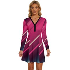 Pink-blue Retro Background, Retro Backgrounds, Lines Long Sleeve Deep V Mini Dress  by nateshop