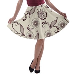 Retro Floral Texture, Light Brown Retro Background A-line Skater Skirt by nateshop