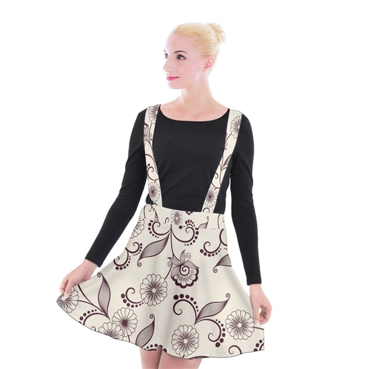 Retro Floral Texture, Light Brown Retro Background Suspender Skater Skirt