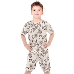 Retro Floral Texture, Light Brown Retro Background Kids  T-shirt And Shorts Set