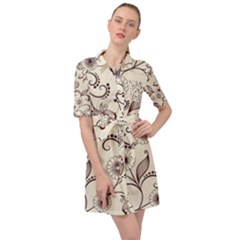 Retro Floral Texture, Light Brown Retro Background Belted Shirt Dress by nateshop