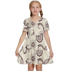 Retro Floral Texture, Light Brown Retro Background Kids  Short Sleeve Tiered Mini Dress by nateshop