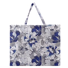 Retro Texture With Blue Flowers, Floral Retro Background, Floral Vintage Texture, White Background W Zipper Large Tote Bag by nateshop