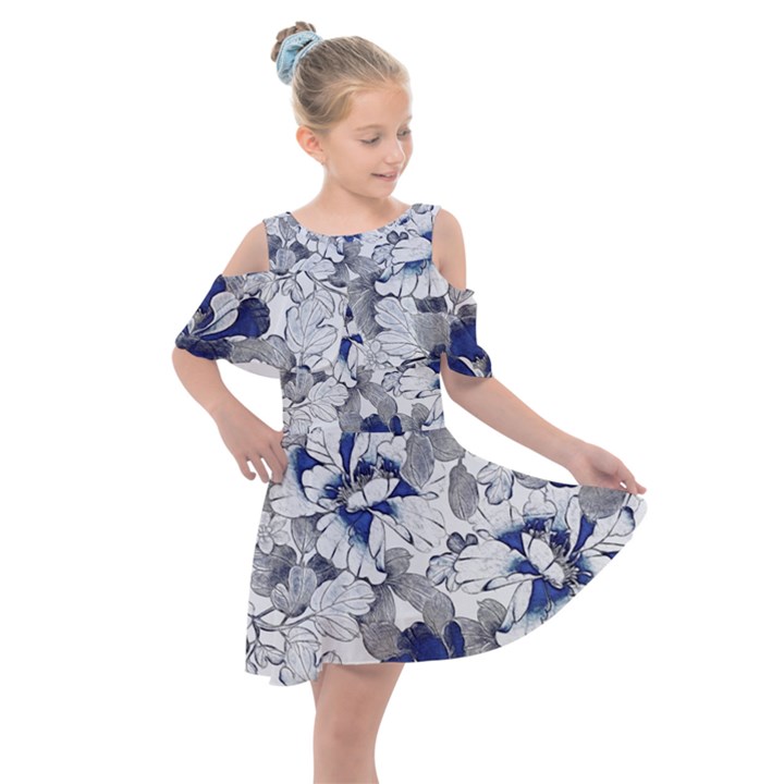 Retro Texture With Blue Flowers, Floral Retro Background, Floral Vintage Texture, White Background W Kids  Shoulder Cutout Chiffon Dress