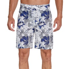 Retro Texture With Blue Flowers, Floral Retro Background, Floral Vintage Texture, White Background W Men s Beach Shorts by nateshop