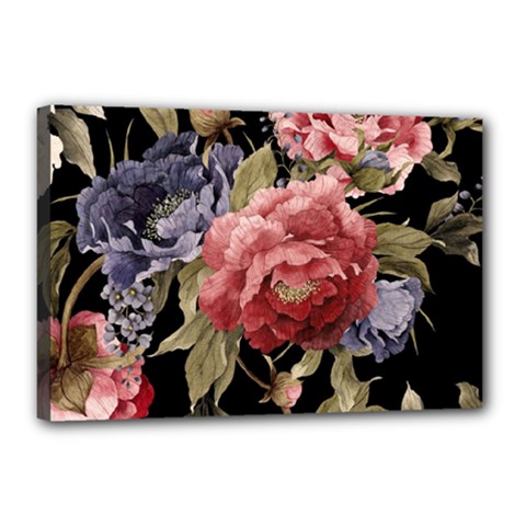 Retro Texture With Flowers, Black Background With Flowers Canvas 18  X 12  (stretched)