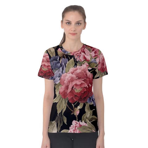 Retro Texture With Flowers, Black Background With Flowers Women s Cotton T-shirt by nateshop