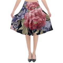 Retro Texture With Flowers, Black Background With Flowers Flared Midi Skirt by nateshop