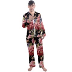 Retro Texture With Flowers, Black Background With Flowers Men s Long Sleeve Satin Pajamas Set by nateshop