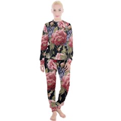 Retro Texture With Flowers, Black Background With Flowers Women s Lounge Set by nateshop