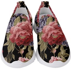 Retro Texture With Flowers, Black Background With Flowers Kids  Slip On Sneakers