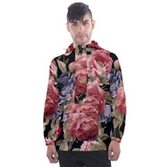 Retro Texture With Flowers, Black Background With Flowers Men s Front Pocket Pullover Windbreaker by nateshop