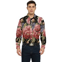 Retro Texture With Flowers, Black Background With Flowers Men s Long Sleeve Pocket Shirt  by nateshop