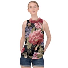 Retro Texture With Flowers, Black Background With Flowers High Neck Satin Top by nateshop