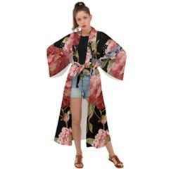 Retro Texture With Flowers, Black Background With Flowers Maxi Kimono by nateshop