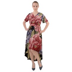 Retro Texture With Flowers, Black Background With Flowers Front Wrap High Low Dress