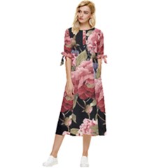 Retro Texture With Flowers, Black Background With Flowers Bow Sleeve Chiffon Midi Dress by nateshop