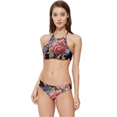 Retro Texture With Flowers, Black Background With Flowers Banded Triangle Bikini Set