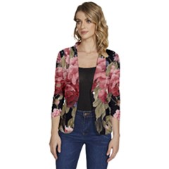 Retro Texture With Flowers, Black Background With Flowers Women s One-button 3/4 Sleeve Short Jacket by nateshop