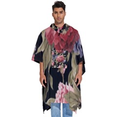 Retro Texture With Flowers, Black Background With Flowers Men s Hooded Rain Ponchos