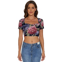 Retro Texture With Flowers, Black Background With Flowers Short Sleeve Square Neckline Crop Top  by nateshop