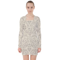 Retro Texture With Ornaments, Vintage Beige Background V-neck Bodycon Long Sleeve Dress by nateshop