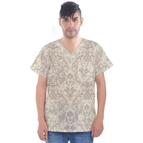 Retro Texture With Ornaments, Vintage Beige Background Men s V-neck Scrub Top by nateshop