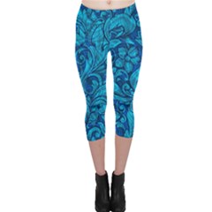 Blue Floral Pattern Texture, Floral Ornaments Texture Capri Leggings  by nateshop