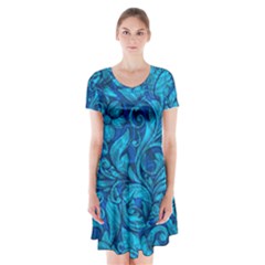 Blue Floral Pattern Texture, Floral Ornaments Texture Short Sleeve V-neck Flare Dress by nateshop