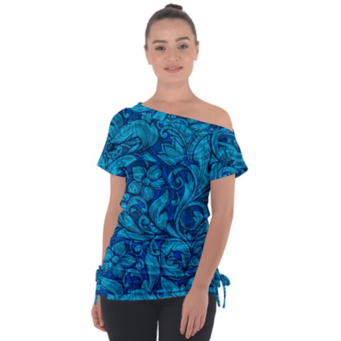 Blue Floral Pattern Texture, Floral Ornaments Texture Off Shoulder Tie-up T-shirt by nateshop