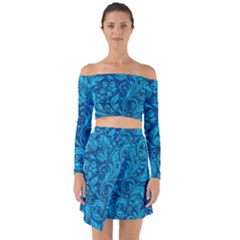 Blue Floral Pattern Texture, Floral Ornaments Texture Off Shoulder Top With Skirt Set by nateshop