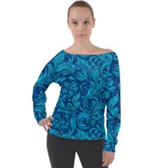 Blue Floral Pattern Texture, Floral Ornaments Texture Off Shoulder Long Sleeve Velour Top by nateshop