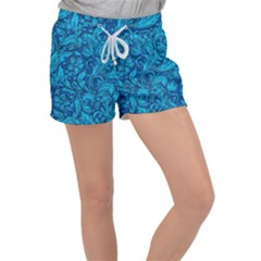 Blue Floral Pattern Texture, Floral Ornaments Texture Women s Velour Lounge Shorts