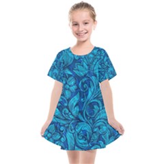 Blue Floral Pattern Texture, Floral Ornaments Texture Kids  Smock Dress by nateshop