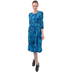 Blue Floral Pattern Texture, Floral Ornaments Texture Ruffle End Midi Chiffon Dress by nateshop